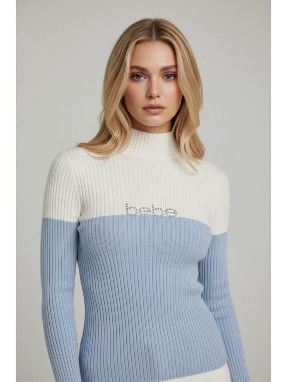 bebe Blue White Colorblock Ribbed Mock Neck Rhinestone Logo Sweater Women’s M